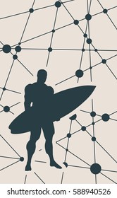 Molecule And Communication Background. Modern vector brochure or report design template. Man posing with surfboard. Monochrome silhouette Connected lines with dots.