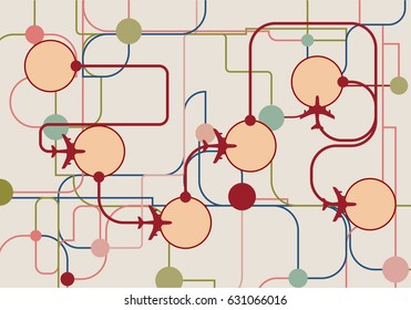 Molecule And Communication Background. Modern vector brochure or web banner design template. Connected lines with dots. Abstract airplanes traffic map
