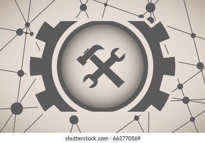 Molecule And Communication Background. Modern vector brochure or report design template. Wrench icon in gear. Connected lines with dots. Medical, technology, chemistry, science background