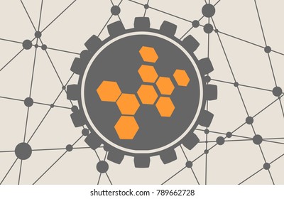 Molecule And Communication Background. Modern vector brochure or report design template. Field for text as gear icon. Connected lines with dots. Medical, technology, chemistry, science background