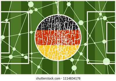 Molecule and communication background with national flag of Germany. Football field textured by connected lines with dots.
