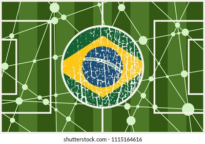 Molecule and communication background with national flag of Brazil. Football field textured by connected lines with dots.