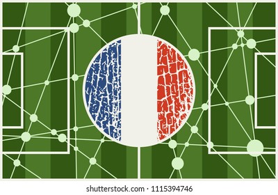 Molecule and communication background with national flag of France. Football field textured by connected lines with dots.