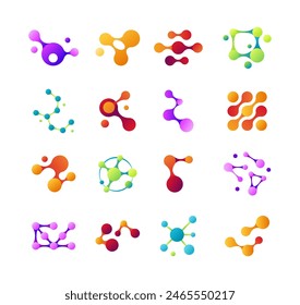 Molecule connection model. Vector icon set of molecular structure, hexagonal molecule badge, science bio code, Dna macromolecule, atomic structures. Chemistry particle for logo, diagram, web banner