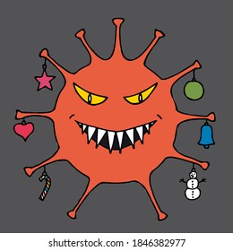 The molecule of the coronavirus with an evil face is decorated with Christmas toys.