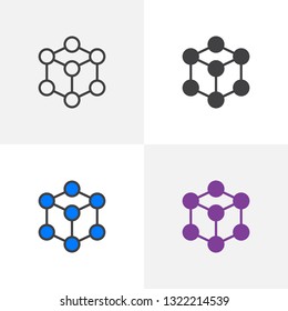 Molecule cube structure icon. Line, glyph and filled outline colorful version, Atoms square outline and filled vector sign. Symbol, logo illustration. Different style icons set