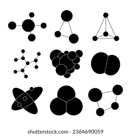Molecule different shape. Silhouette image. Atom science symbol. Vector drawing. Collection of design elements.