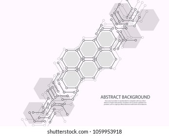 Molecule DNA with abstract background. Chemical connections. Medicine science technologies hexagons on grey backdrops with spare place for text. Biotechnology and chemistry concept vector illustration
