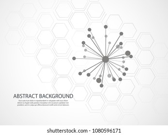 Molecule DNA with abstract background. Chemical connections. Medicine science technologies hexagons on grey backdrops with spare place for text. Biotechnology and chemistry concept vector illustration