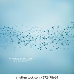 Vector de ADN molécula y neuronas. Estructura molecular. Líneas conectadas con puntos. Compuestos químicos genéticos. Química, medicina, ciencia, concepto tecnológico. Fondo abstracto geométrico.