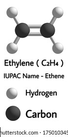 molécula de la estructura química 3d de etileno sobre fondo blanco C2H4 IUPAC Nombre "etileno"