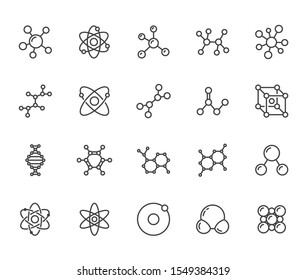 Molecule Flat Line Icons Set. Chemistry Science, Molecular Structure, Chemical Laboratory Dna Cell Protein Vector Illustrations. Outline Signs Scientific Research. Pixel Perfect. Editable Stroke