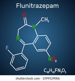 Molecule  flunitrazepam drug. It has hypnotic, anxiolytic, sedative, properties. Skeletal chemical formula on the dark blue background. Vector illustration
