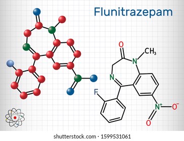 Molecule flunitrazepam drug. It has hypnotic, anxiolytic, sedative, properties. Structural chemical formula and molecule model on the sheet of paper in a cage.Vector illustration