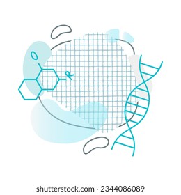 Molecule formula, spots and shapes, checkered texture, line. School illustration in blue shades. Frame, place for placing a photo, text, logo, etc. Clipart. Isolated element.	 
