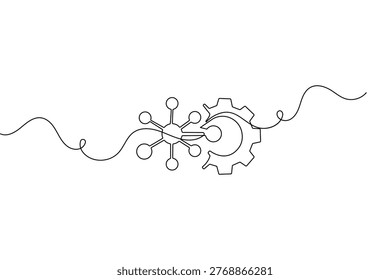 Molecule and gear continuous one line drawing minimalist vector art