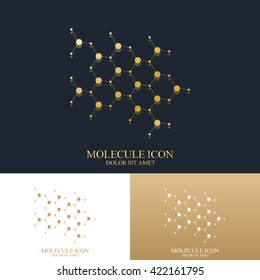 Molecule golden Logo. Vector template for medicine, science, technology, chemistry, biotechnology