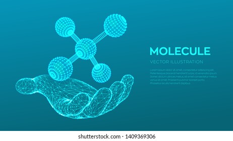 Molecule in hand. Dna, atom, neurons. Molecules and chemical formulas. 3D Scientific molecule background for medicine, science, technology, chemistry, biology. Vector illustration.