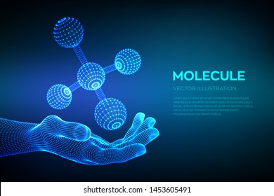 Molecule in hand. Dna, atom, neurons. Molecules and chemical formulas. 3D Scientific molecule background for medicine, science, technology, chemistry, biology. Vector illustration.