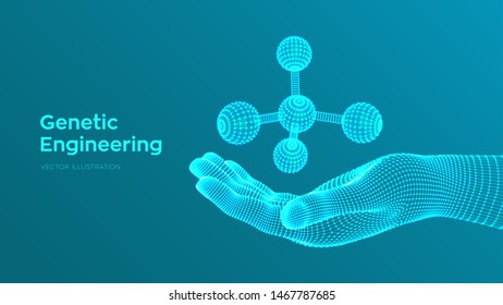 Molecule in hand. Dna, atom, neurons. Molecules and chemical formulas. 3D Scientific molecule background for medicine, science, technology, chemistry, biology. Vector illustration.