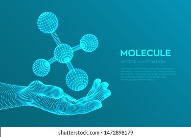 Molecule in hand. Dna, atom, neurons. Molecules and chemical formulas. 3D Scientific molecule background for medicine, science, technology, chemistry, biology. Vector illustration.