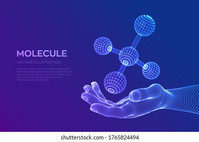 Molecule in hand. Dna, atom, neurons. Molecules and chemical formulas. 3D Scientific molecule background for medicine, science, technology, chemistry, biology. Vector illustration.