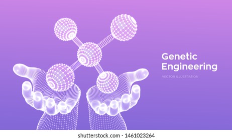 Molecule in hands. Dna, atom, neurons. Molecules and chemical formulas. 3D Scientific molecule background for medicine, science, technology, chemistry, biology. Vector illustration.