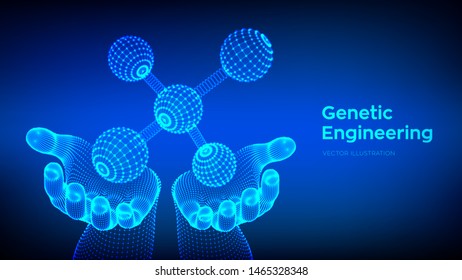 Molecule in hands. Dna, atom, neurons. Molecules and chemical formulas. 3D Scientific molecule background for medicine, science, technology, chemistry, biology. Vector illustration.