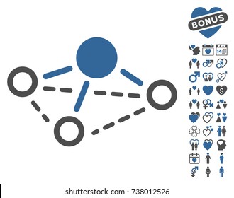 Molecule icon with bonus lovely symbols. Vector illustration style is flat iconic cobalt and gray symbols on white background.