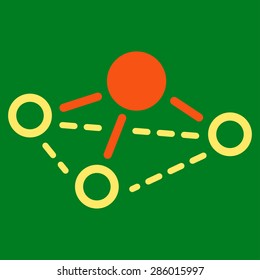 Molecule icon from Business Bicolor Set. This flat vector symbol uses orange and yellow colors, rounded angles, and isolated on a green background.