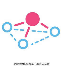 Molecule icon from Business Bicolor Set. This flat vector symbol uses pink and blue colors, rounded angles, and isolated on a white background.
