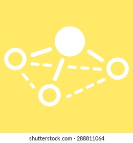 Molecule icon from Business Bicolor Set. This flat vector symbol uses white color, rounded angles, and isolated on a yellow background.