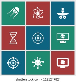Molecule icon. collection of 9 molecule filled icons such as dna, atom on display, atom, core. editable molecule icons for web and mobile.