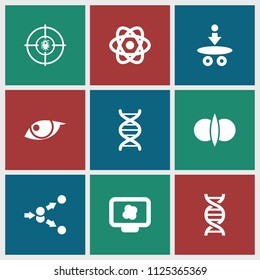 Molecule icon. collection of 9 molecule filled icons such as dna, atom. editable molecule icons for web and mobile.