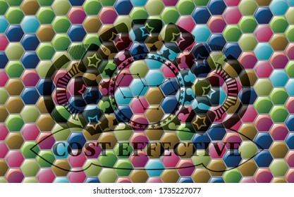 molecule icon and Cost effective text Colorful realistic badge. Hexagon luxurious background. Illustration. 