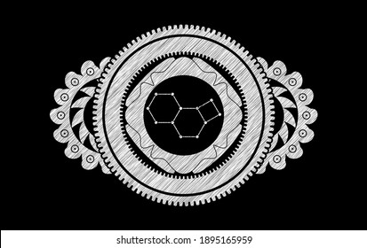 molecule icon inside chalk emblem. Chalkboard delicate background. Artistic illustration. 