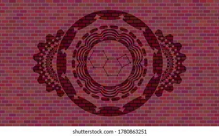 molecule icon inside red brick stone wall realistic badge. Tiles graceful background. Intense illustration. 