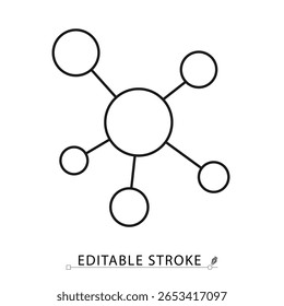 Un icono de molécula en estilo minimalista con trazo editable. Estructura atómica, elemento químico, red molecular, simbolo cientifico, conexión biologica, Ilustración vectorial de contorno.