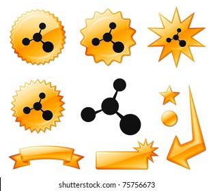 Molecule Icon on Orange Burst Banners and Medals Original Vector Illustration