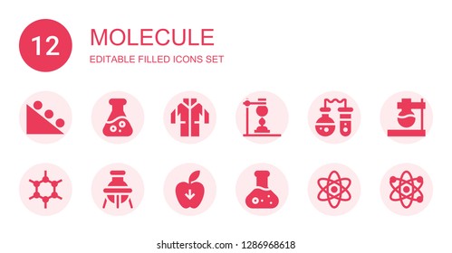 molecule icon set. Collection of 12 filled molecule icons included Gravity, Flask, Lab coat, Molecules, Science, Atom