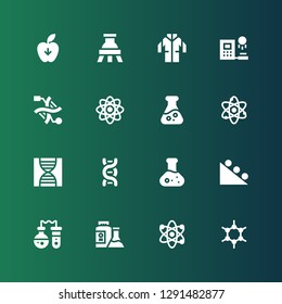 molecule icon set. Collection of 16 filled molecule icons included Molecules, Atom, Flask, Gravity, Dna, Physics, Clone, Lab coat
