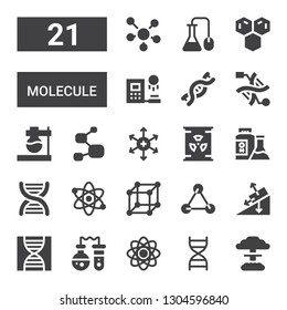 molecule icon set. Collection of 21 filled molecule icons included Nuclear, Dna, Atom, Flask, Gravity, Molecules, Positive ion, Molecule, Clone, Science