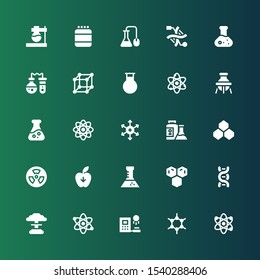 molecule icon set. Collection of 25 filled molecule icons included Atom, Molecules, Clone, Nuclear, Dna, Molecule, Flask, Gravity, Benzene, Positive ion, Physics, Science, Protein