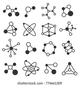 Molecule icon set. Group of atoms bonded together, unit of a chemical compound, physics, organic chemistry, biochemistry element. Vector flat style cartoon illustration isolated on white background