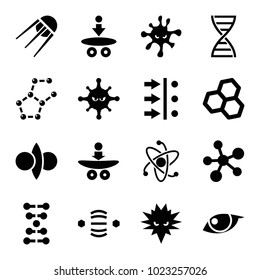 Molecule icons. set of 16 editable filled molecule icons such as chemical structure, bacteria, atom move, dna, atom