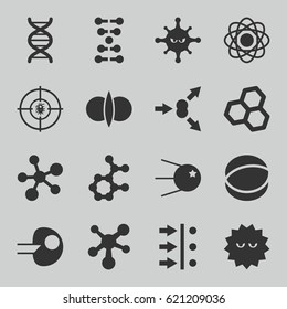 Molecule icons set. set of 16 molecule filled icons such as bacteria, dna, atom, atom fusion, atom move, core