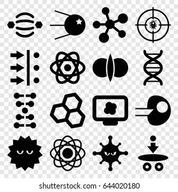 Molecule icons set. set of 16 molecule filled icons such as bacteria, dna, atom, atom fusion, core