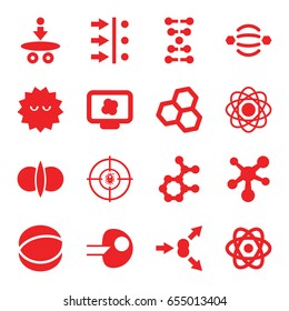 Molecule icons set. set of 16 molecule filled icons such as bacteria, dna, atom, atom fusion, core