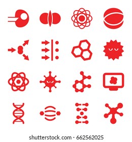 Molecule icons set. set of 16 molecule filled icons such as bacteria, dna, atom, atom fusion, core