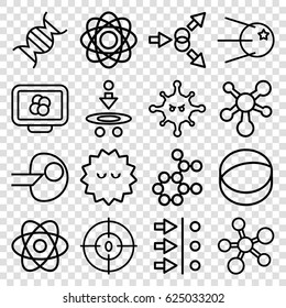 Molecule icons set. set of 16 molecule outline icons such as bacteria, dna, atom, atom move, core